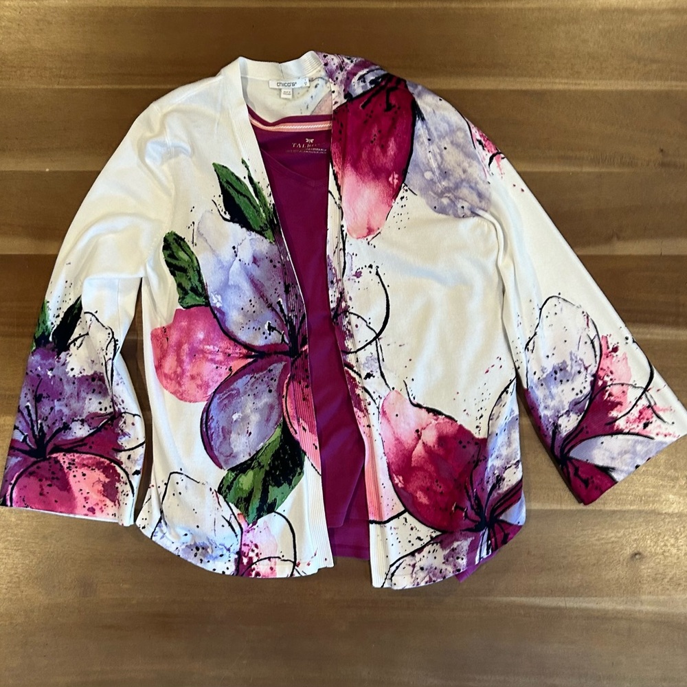 Like New Chico's Floral Knit Open Cardigan